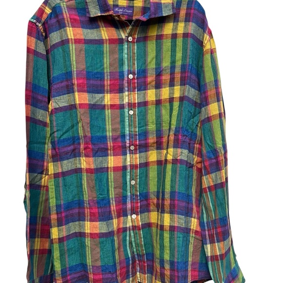 NEW Ralph Lauren Purple Label Plaid Colorful Linen Shirt Mens Large Made Italy - Picture 1 of 8